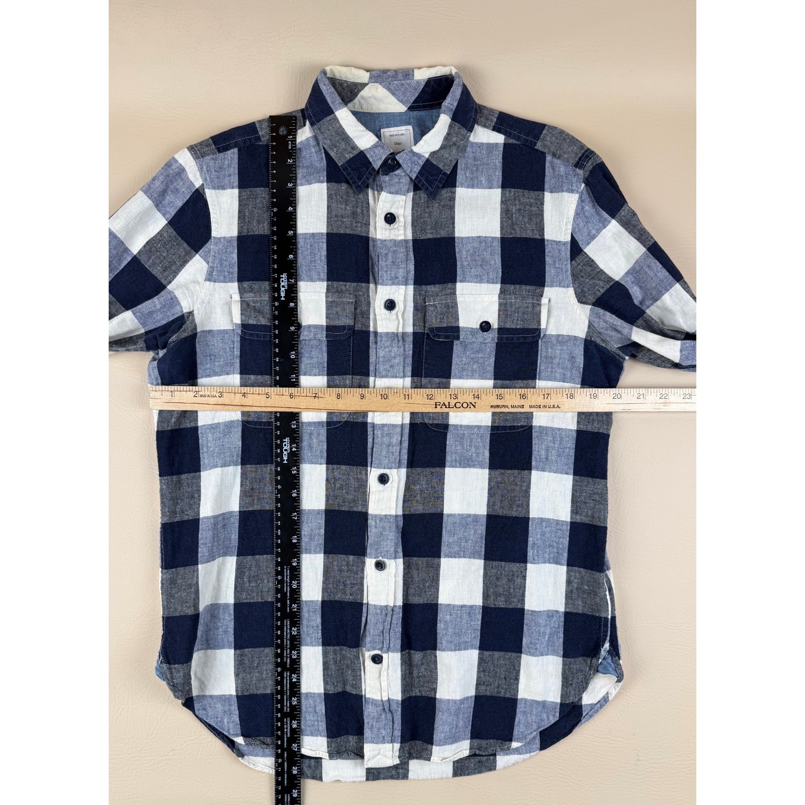 Gap Medium Shirt Buffalo Check Coastal Linen Cotton Pocket Button Down