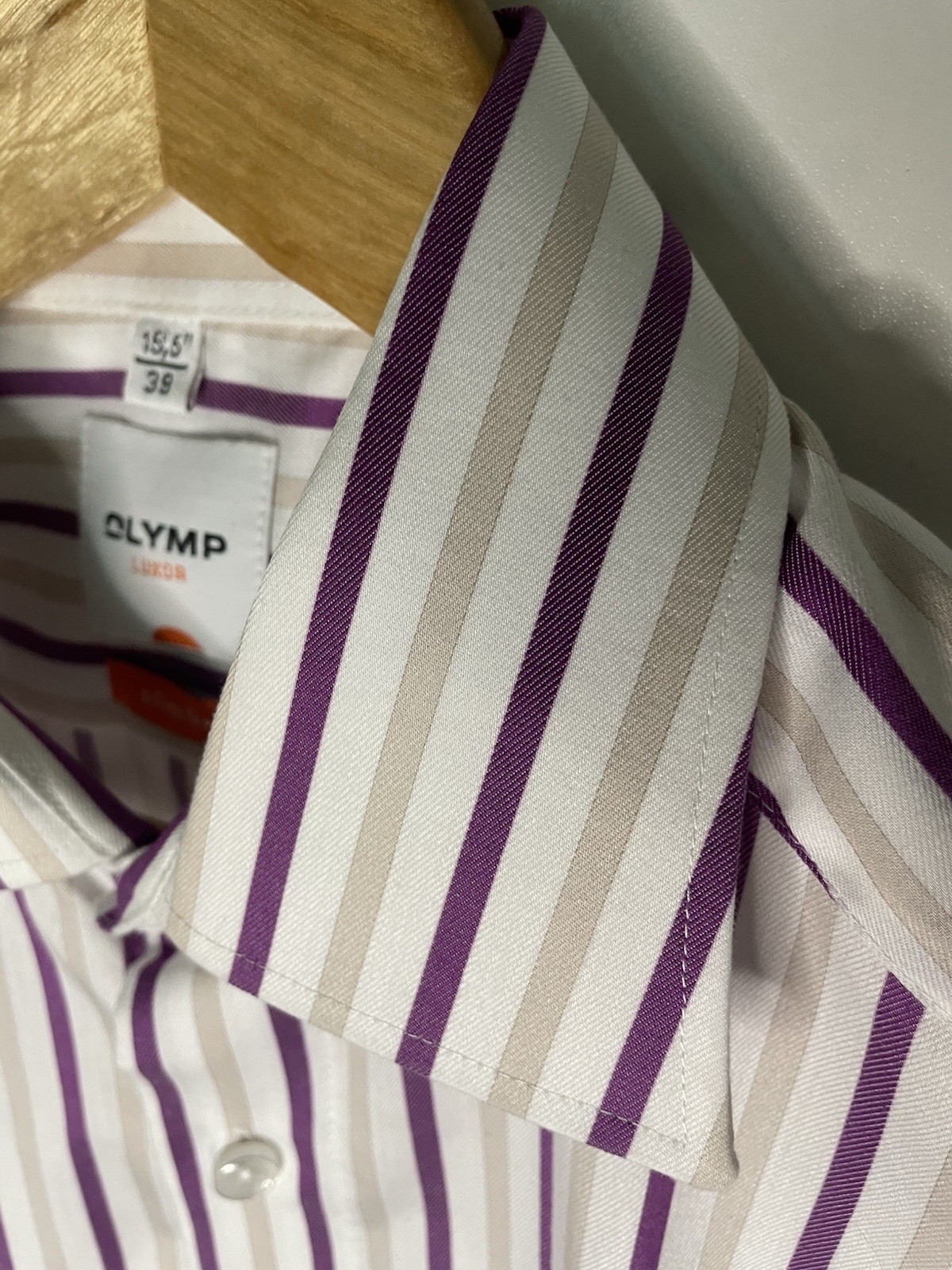 Olymp Luxor Dress Shirt Mens M 39 purple Stripe slim Line Non Iron Twill LS