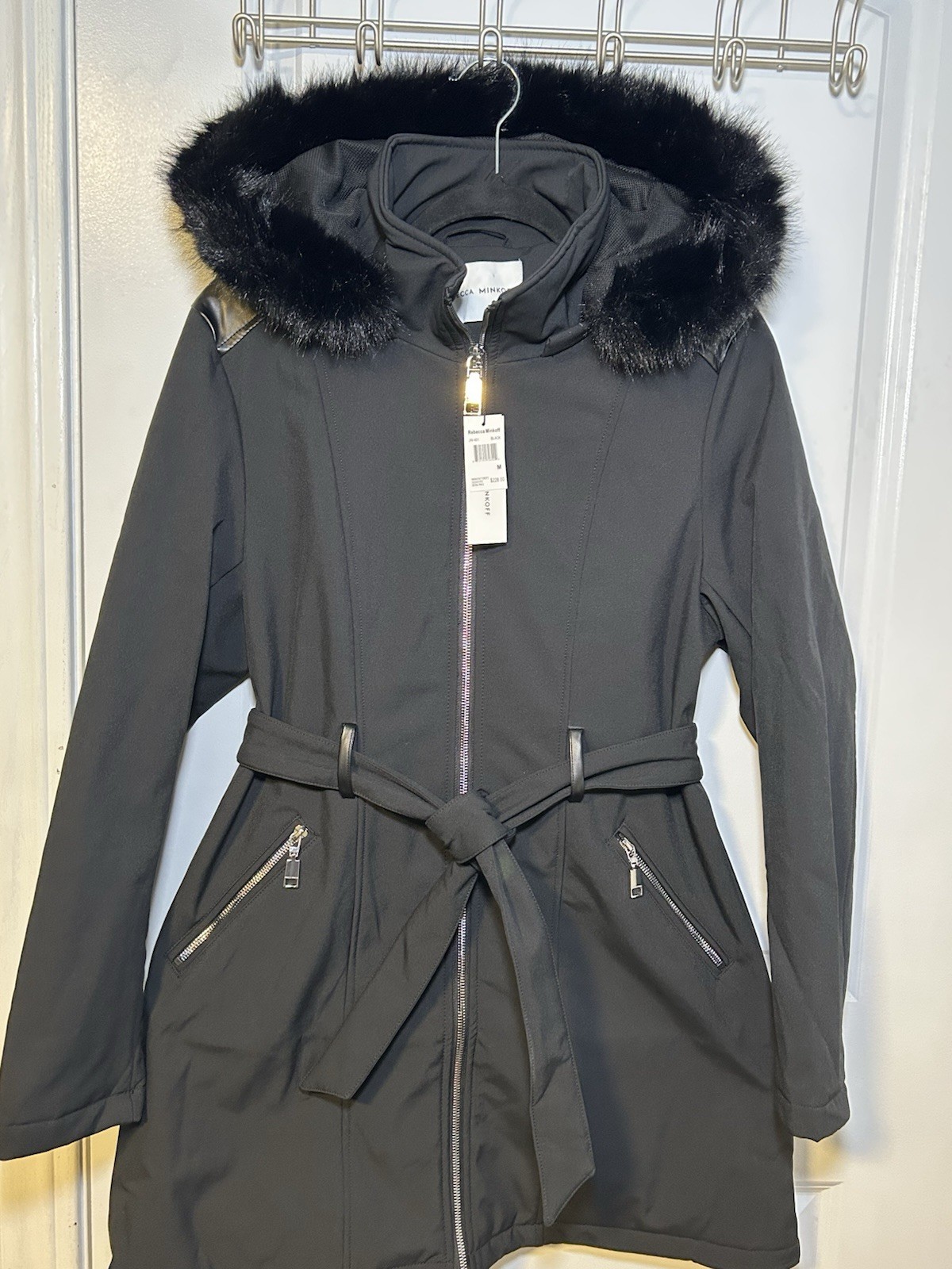 Rebecca Minkoff Hooded Softshell Belted Jacket Coat Faux Fur Trim NWT Medium