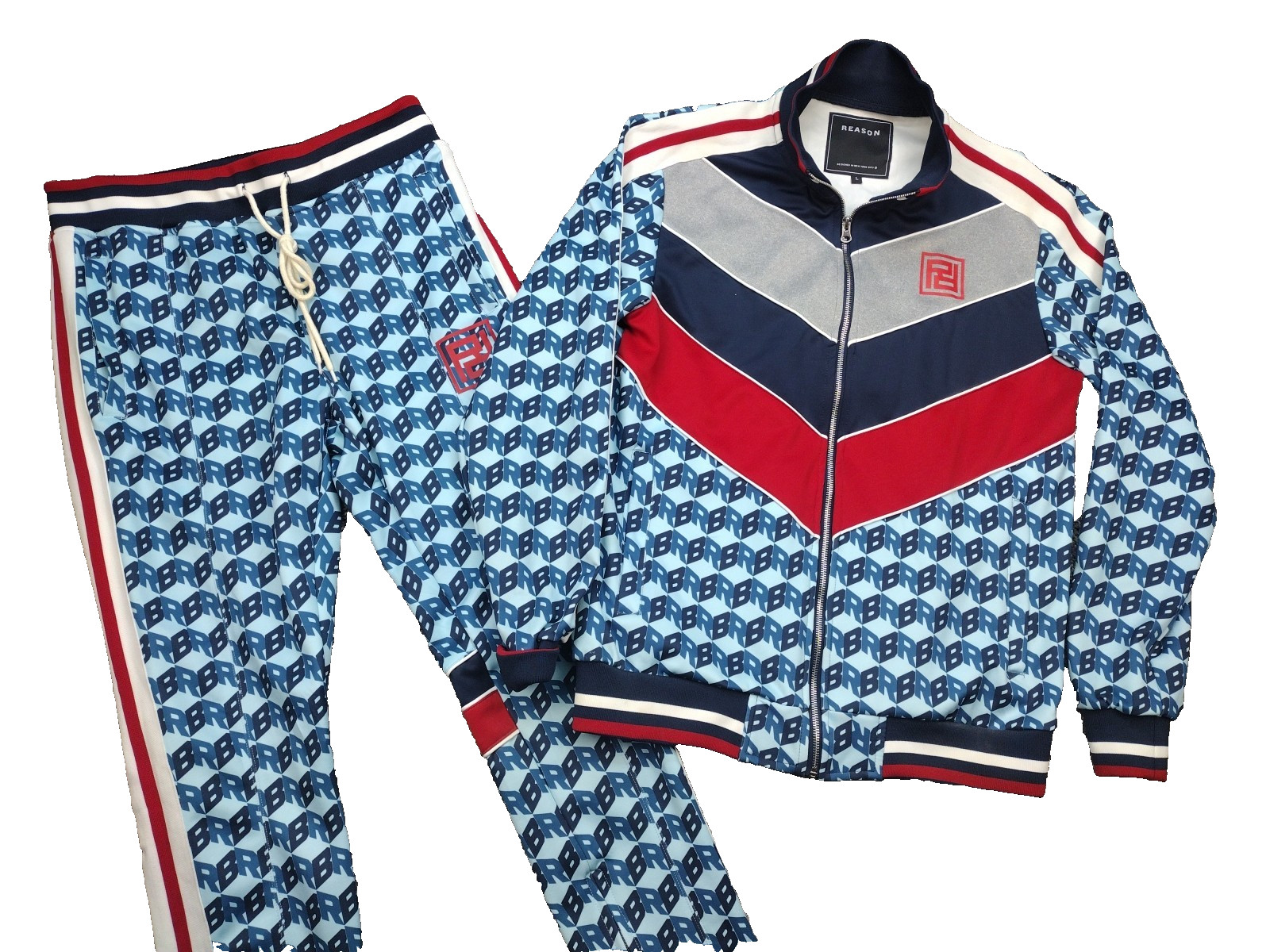 Reason Mens L Hip Hop RB Print Full Zip Colorblock Track Jacket & Pants Set AOP