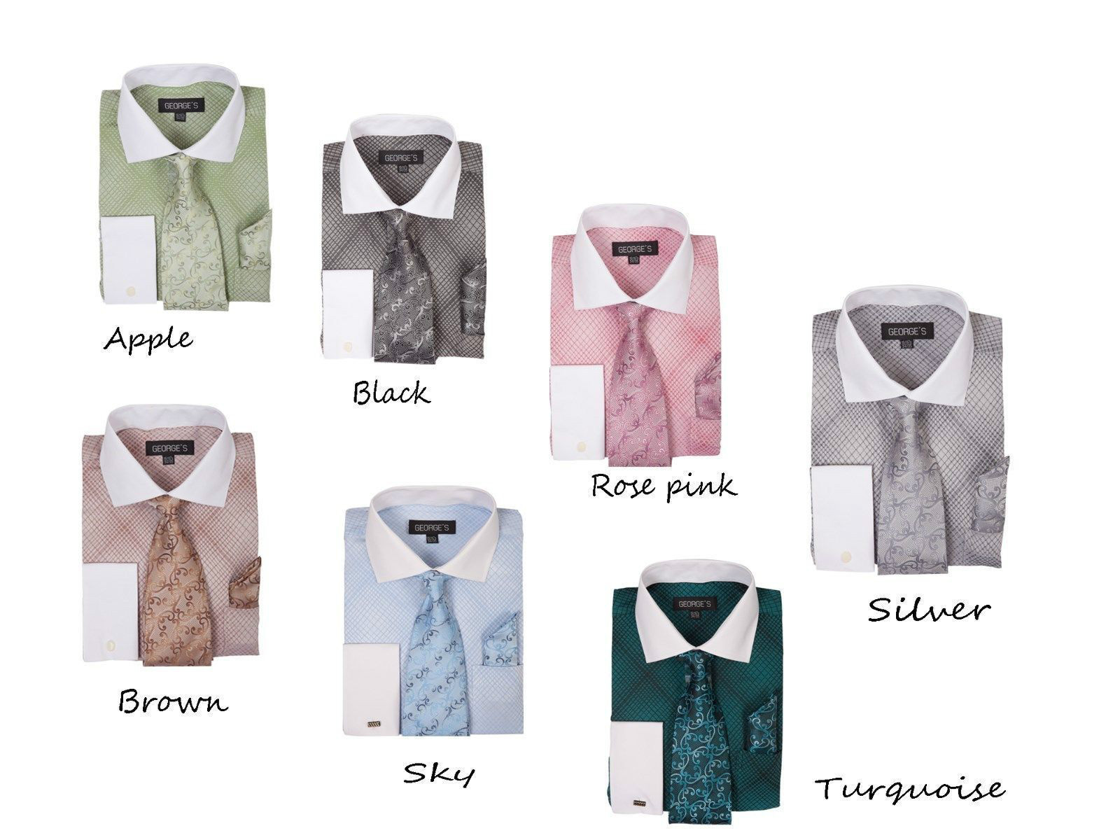 New Men’s Mini Plaid /Check Design Dress Shirt French Cuff With Tie&Hanky AH624