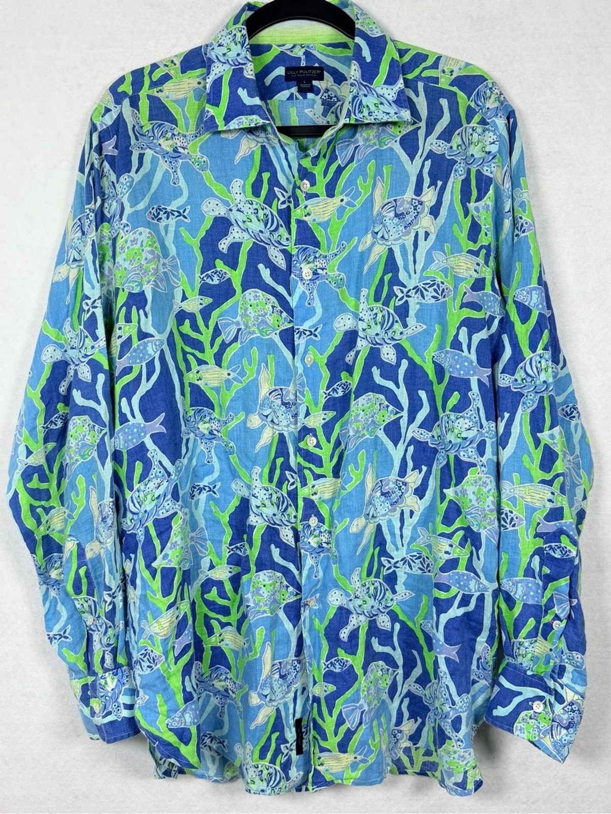 Lilly Pulitzer Men’s Stuff Wyeth 100% Linen Shirt L Sea Turtle Coral Blue Print