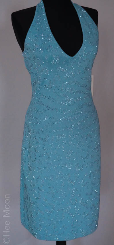 ST JOHN EVENING LIGHT AQUA BLUE W/ RHINESTONES BEDAZZLED Cocktail Dress SZ 6