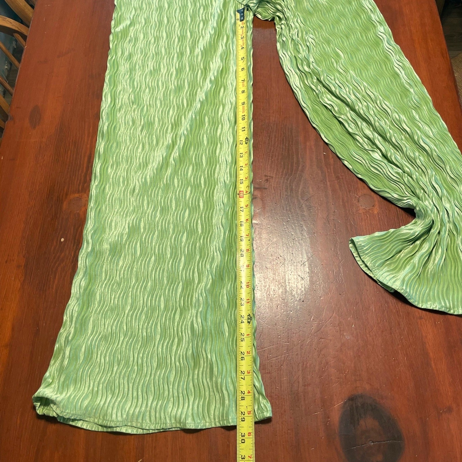 Blue Blush Plissé Satin Wide Leg Pants Small Green Crinkle Palazzo Elastic Wai