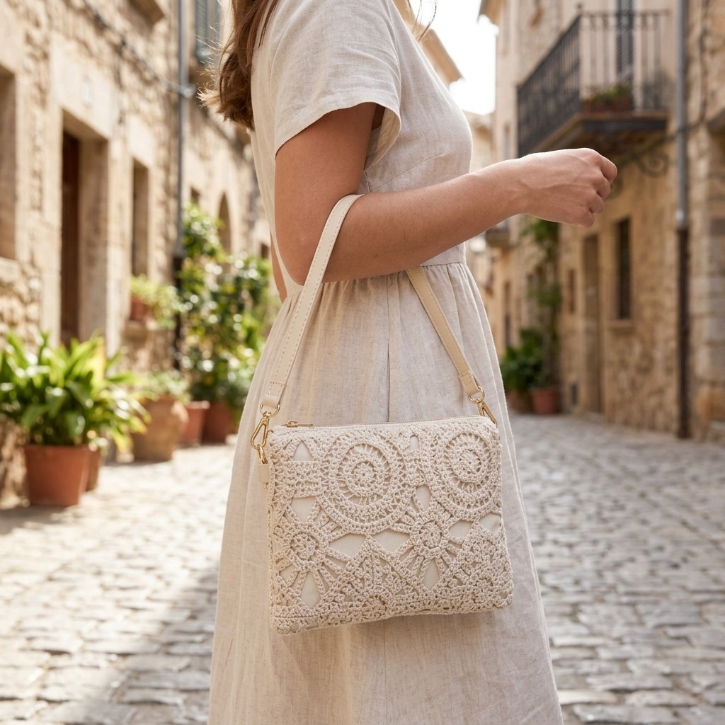 Khaki & Off-White Boho Crossbody Bag | 21x16cm Lightweight Small Purse