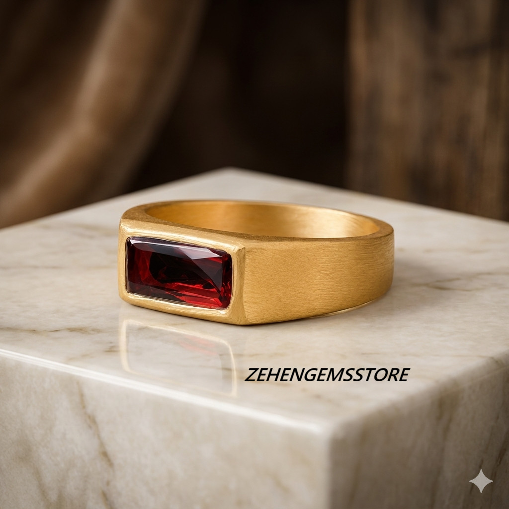 Lab created Men’s Garnet Signet Ring 925 Sterling Silver Gold Plated Ring