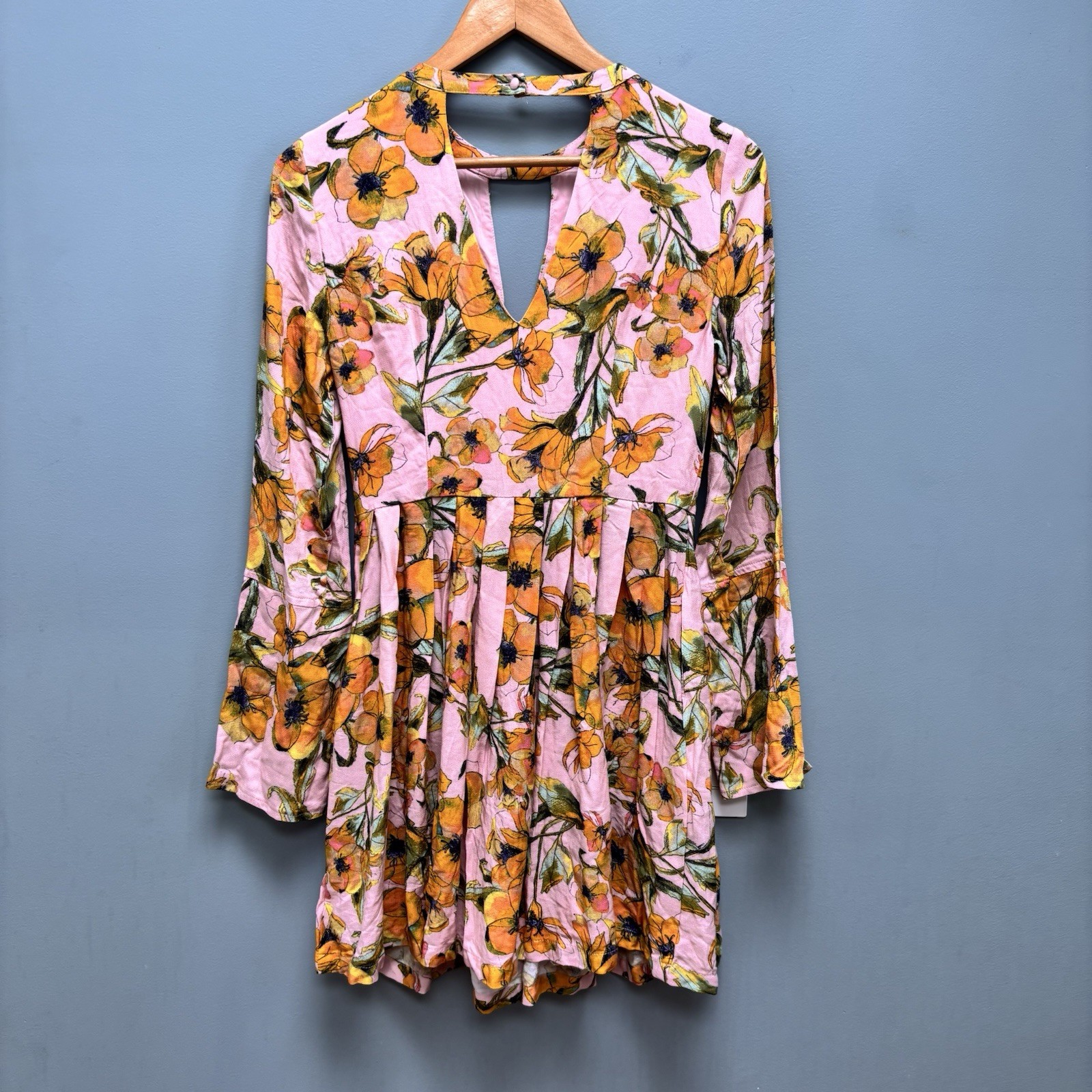 Free People Tegan Pink Floral Mini Dress Long Sleeve 0