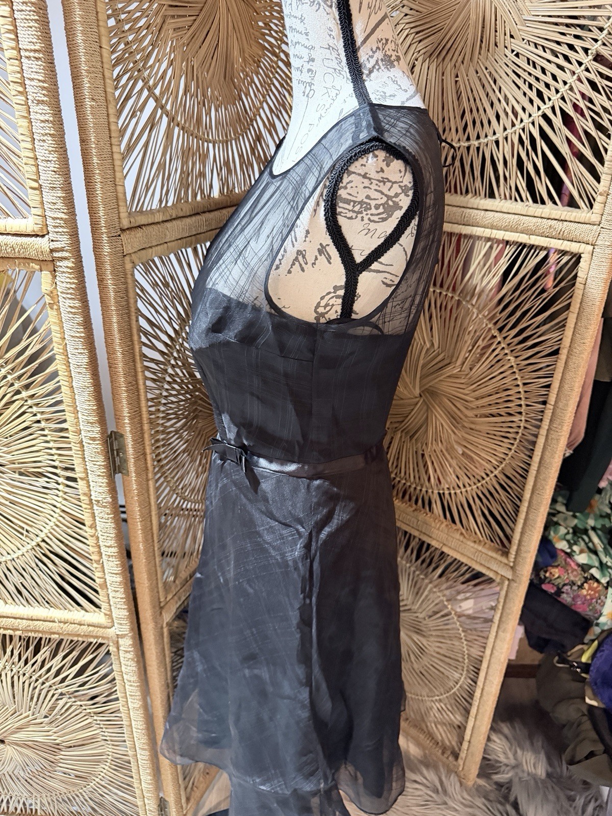 Express Black Silk Chiffon Sheer Lined A-Line Scoop Neck Dress Belt Zip 10