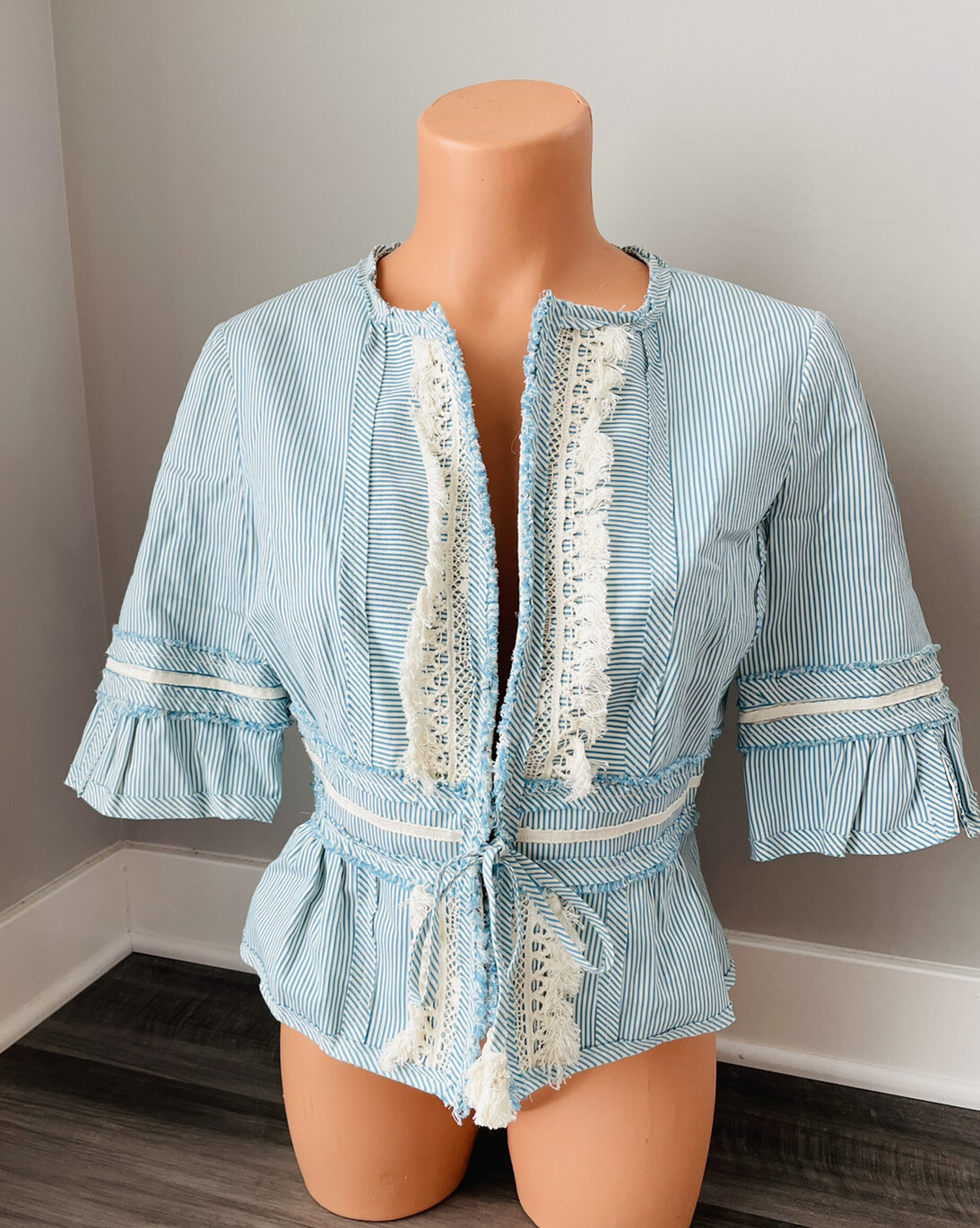 Andrea Becker Southern Charm Striped Jacket Blazer 6 Blue Striped Pintuck