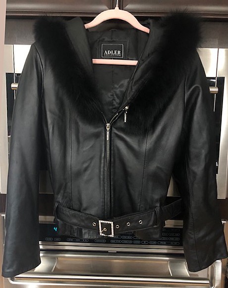 Adler Collection Lambskin Leather Real Fox Fur Hood Jacket Coat Rhinestones M-L