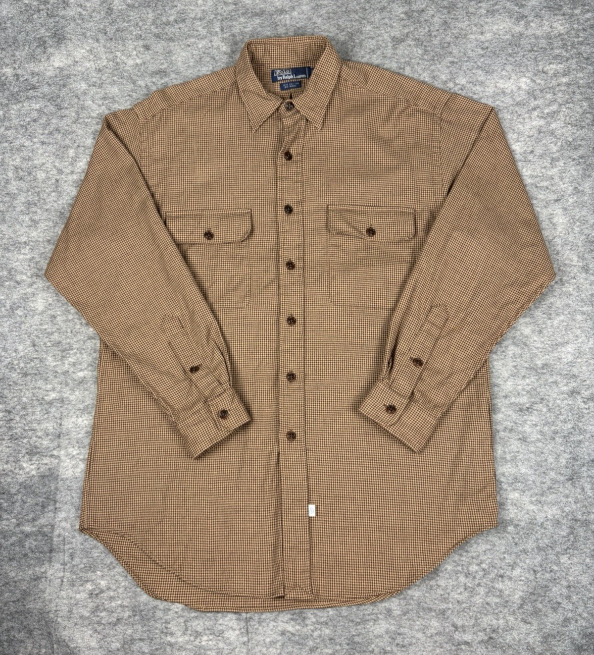 Vintage Polo Ralph Lauren Shirt Mens M Wool Blend Brown Houndstooth Long Sleeve