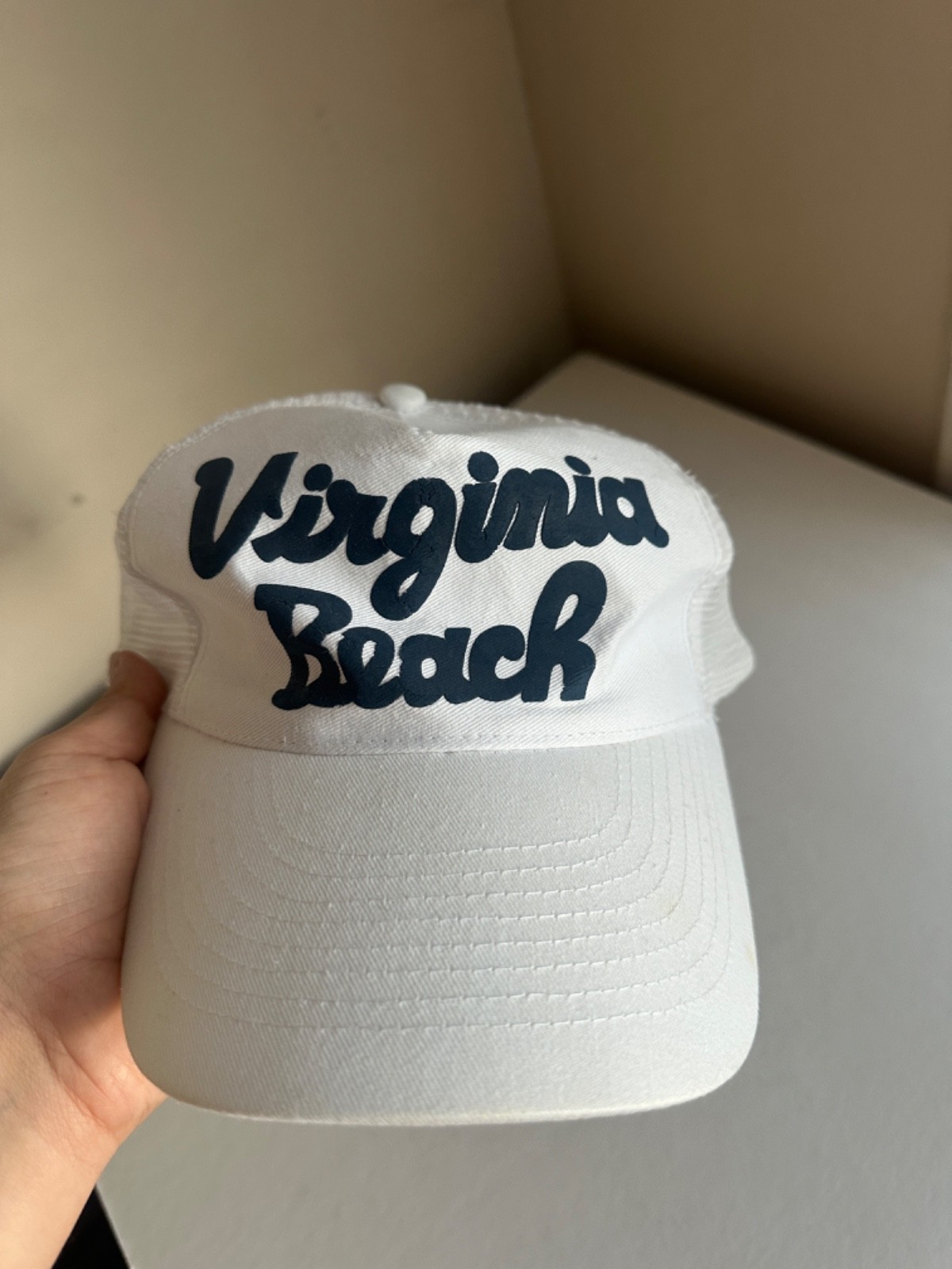 Vintage Virginia Beach White Trucker Snapback Mesh Cap White Navy Baseball Hat