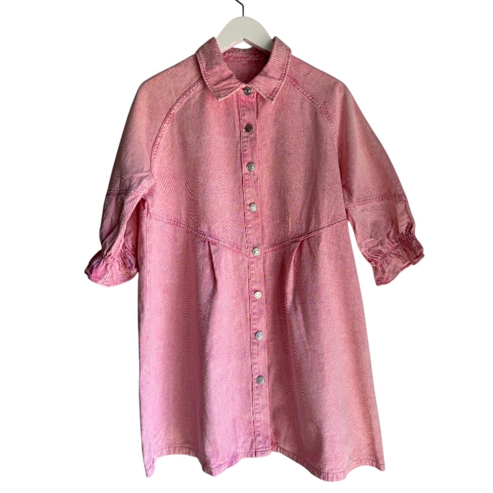 Pink Denim Button Front Shirt Dress Medium Western Cowgirl Puff Sleeve