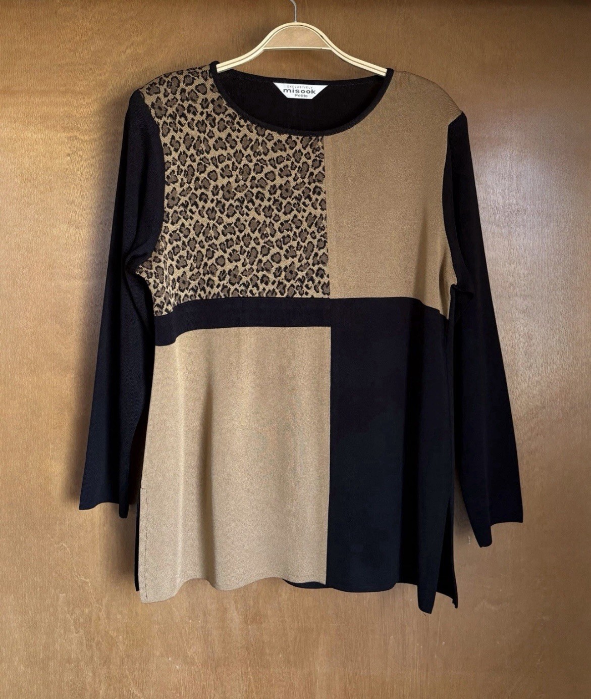 Misook Vintage 80s Classic Leopard Colorblock Print Knit Top M P? Black Tan