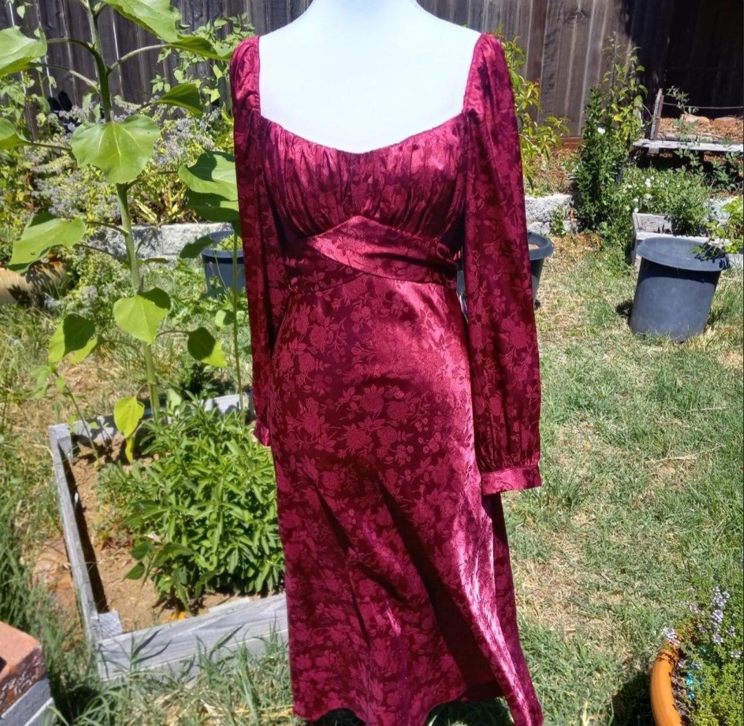 NWT B. Darlin Romantic Rose Print Satin Maxi Gown in Cherry Burgundy Size 1/2