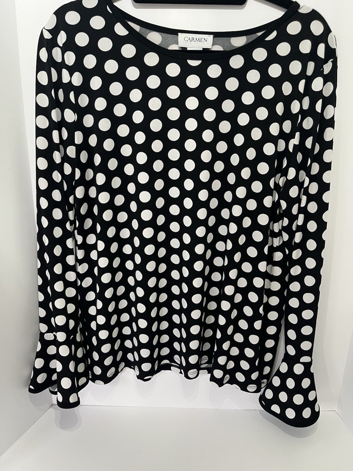 Carmen Marc Valvo Women’s Bell Sleeve Black And White Polka Dot, Size XL, A223