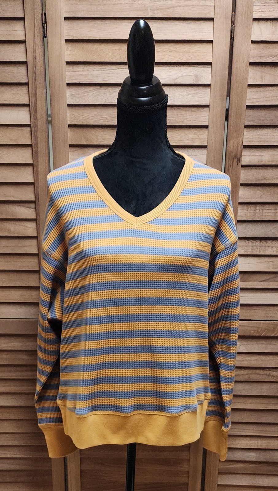 Natural Reflections Waffle V-Neck Pullover Womens Top Flint Stripe Size Small S