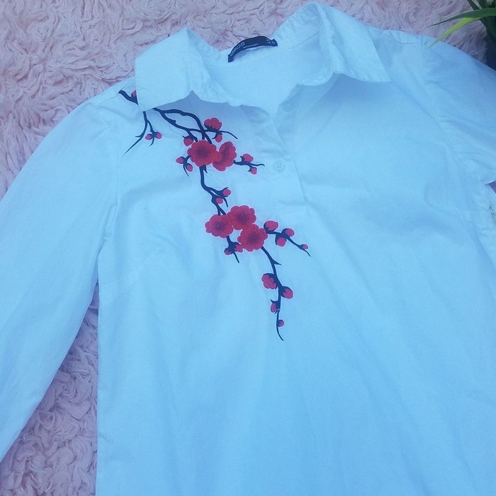 Asos Embroidered Cherry Blossom White Mini Shirt Dress Ruffle Hem Drop Waist S