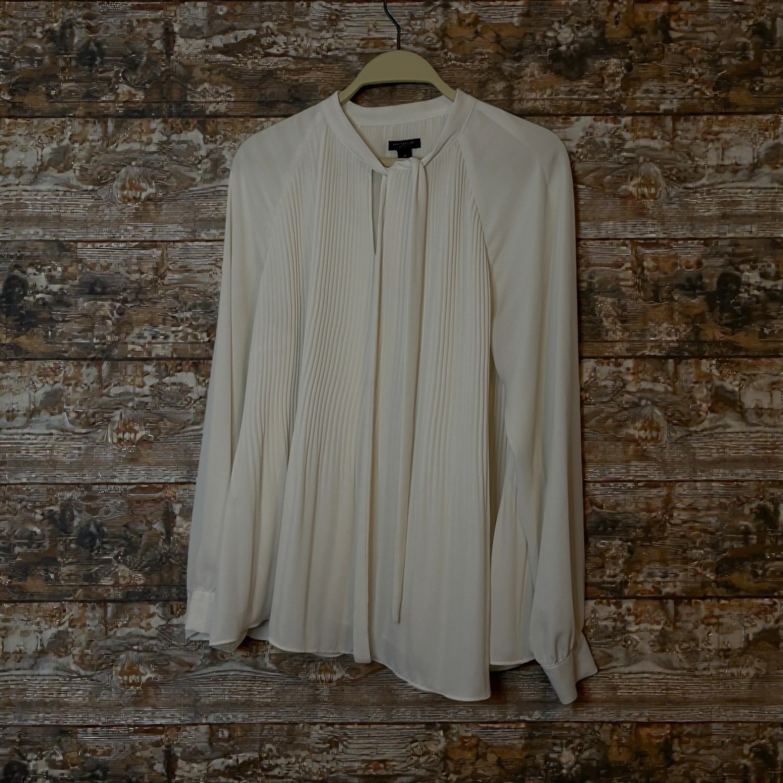 Ann Taylor Cream White Pleated Tie Neck Long Sleeve Blouse Top Size S