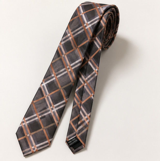 Classic Plaid Necktie Brown Gray White Handmade | Used Excellent Cond