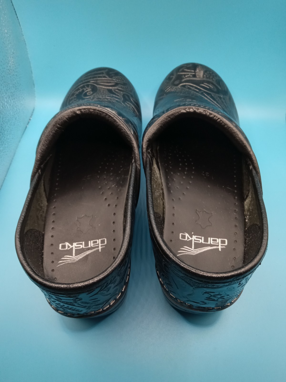 Dansko Clogs Womens 37 EU 6.5 US Antique Tooled Leather Black Paisley Shoes