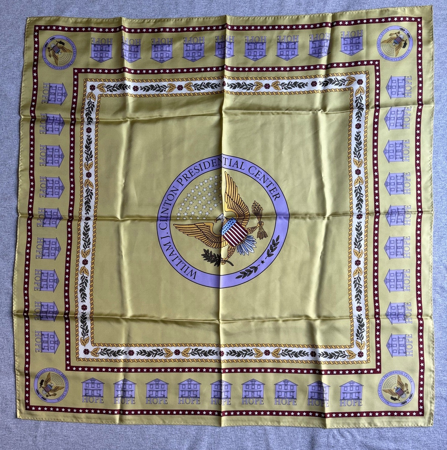 Bill Clinton Presidential Museum Library Scarf 35 in.Sq. Silk Gold Lavender Seal