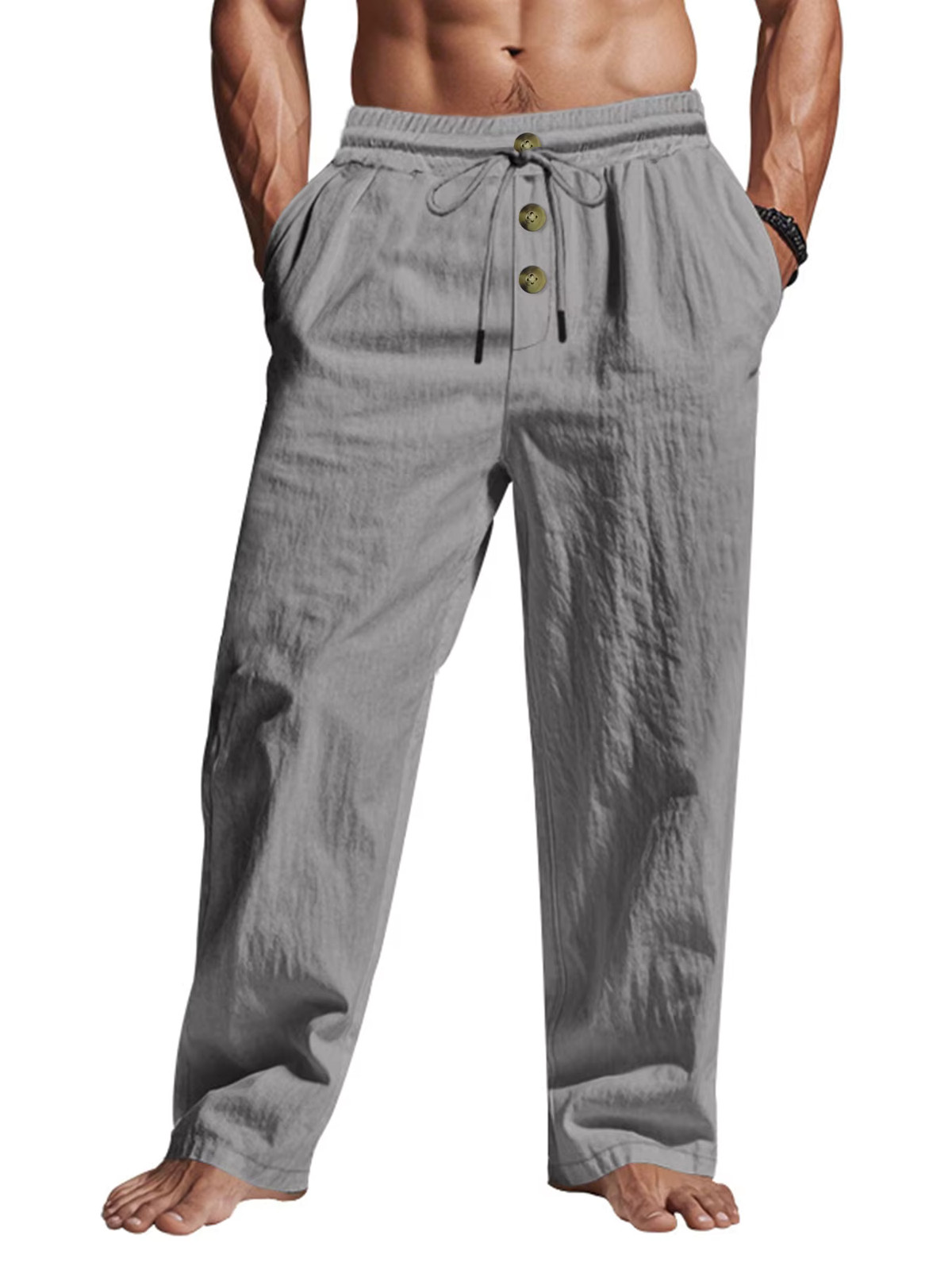Men’s Casual Elastic Waist Summer Solid Beach Pants Straight Trousers Gift