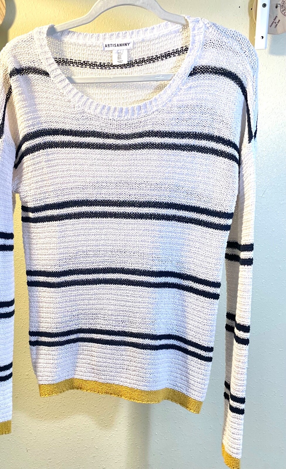 Artisan NY Womens Size Small Sweater Top Open Weave White Blue Gold Nautical