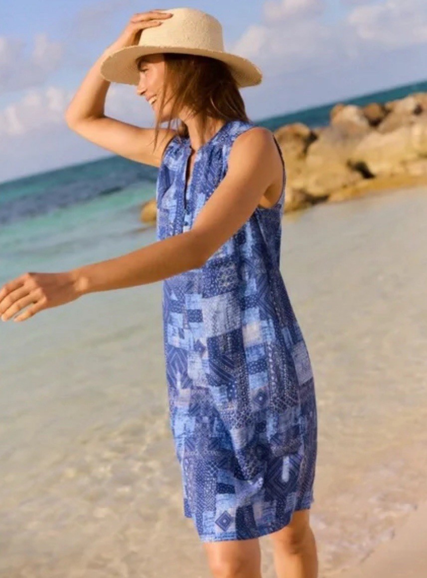 NWT J. McLaughlin NYLEE SLEEVELESS LINEN DRESS Diamond Patch Blue, LARGE $198