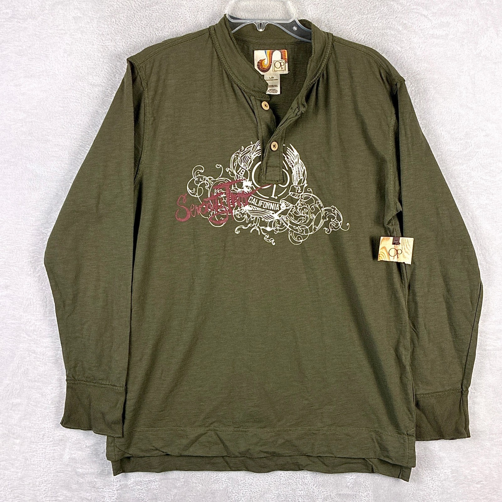 VTG Ocean Pacific Henley Shirt Mens L Green Preppy Skate Surf Streetwear Y2K