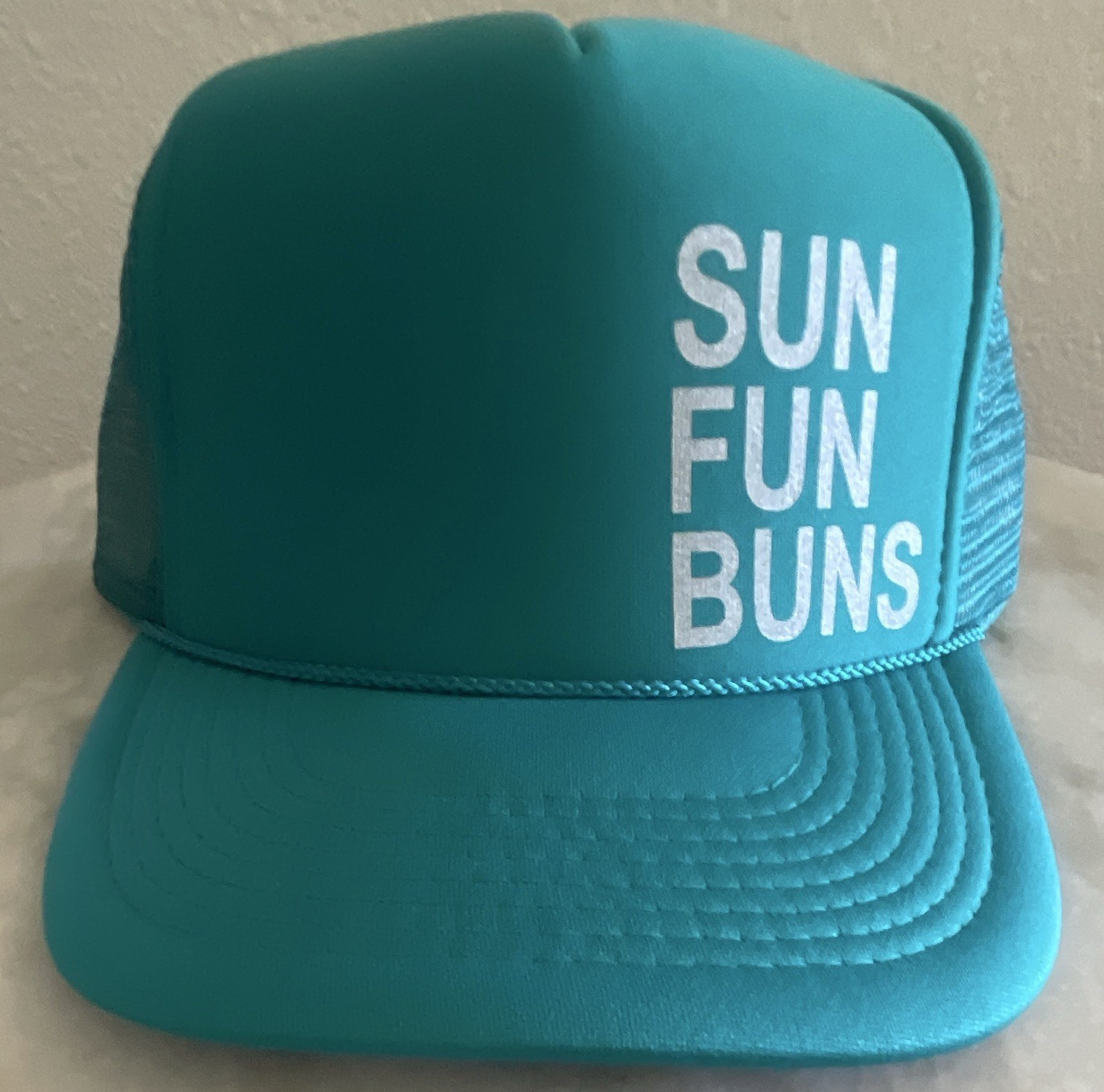 Turquoise Trucker Hat Mesh Back One Size Unisex Adults “SUN FUN BUNS”