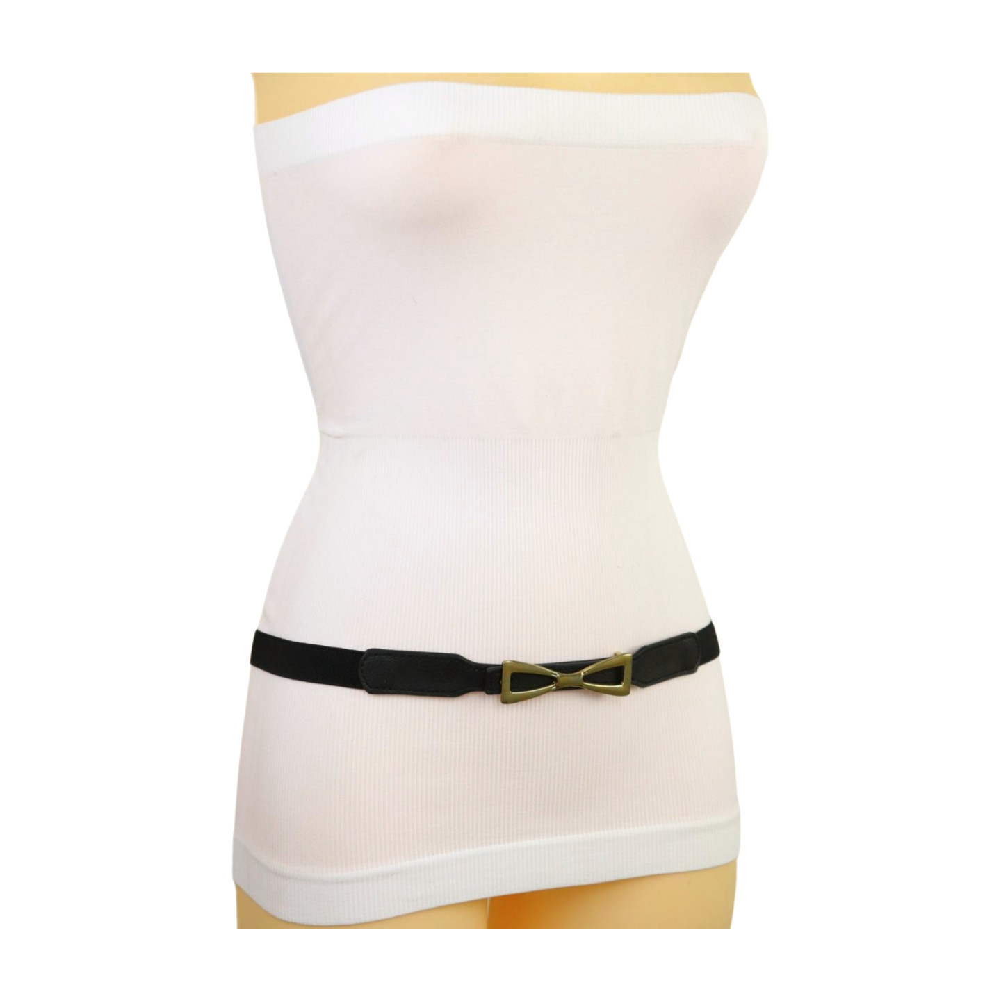 Women Black Elastic Strap Narrow Belt Rusty Gold Metal Bow Tie Ribbon Buckle S M