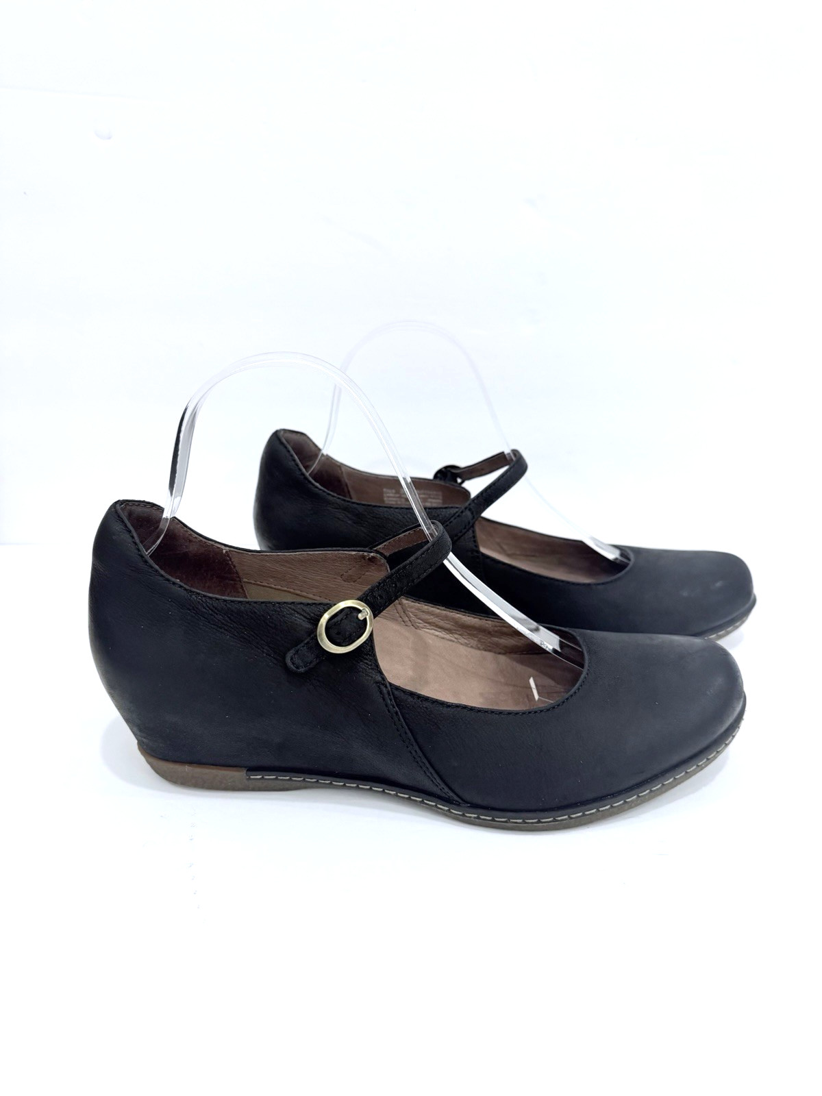 Dansko Womens Loralie Leather Round Toe Ankle Strap Mary Jane Black Wedge 39/8.5