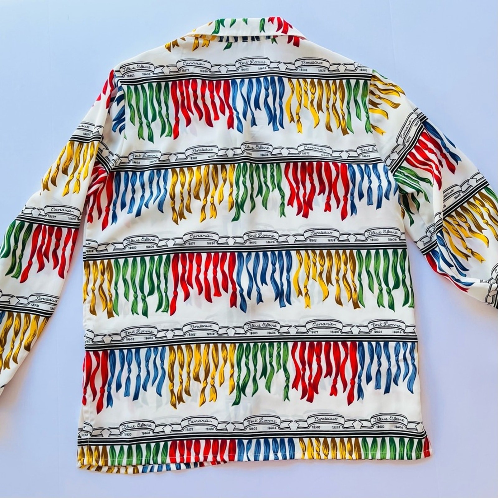 Vintage Silky Oversized Button Down Shirt Large Colorful Print French Ribbons