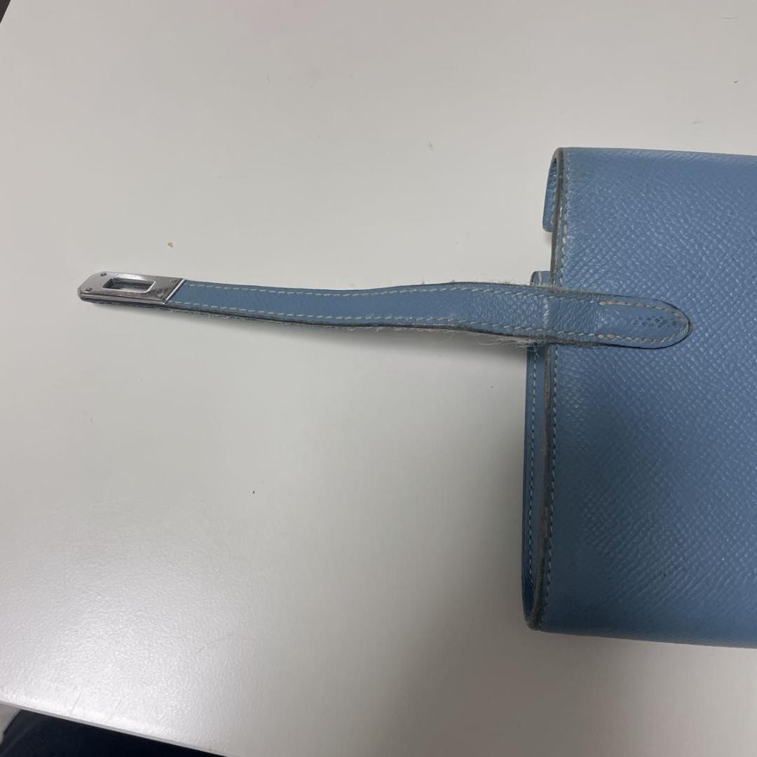 HERMES Paris Kelly Long Wallet Blue Jean Silver Folding Turn Lock Authentic