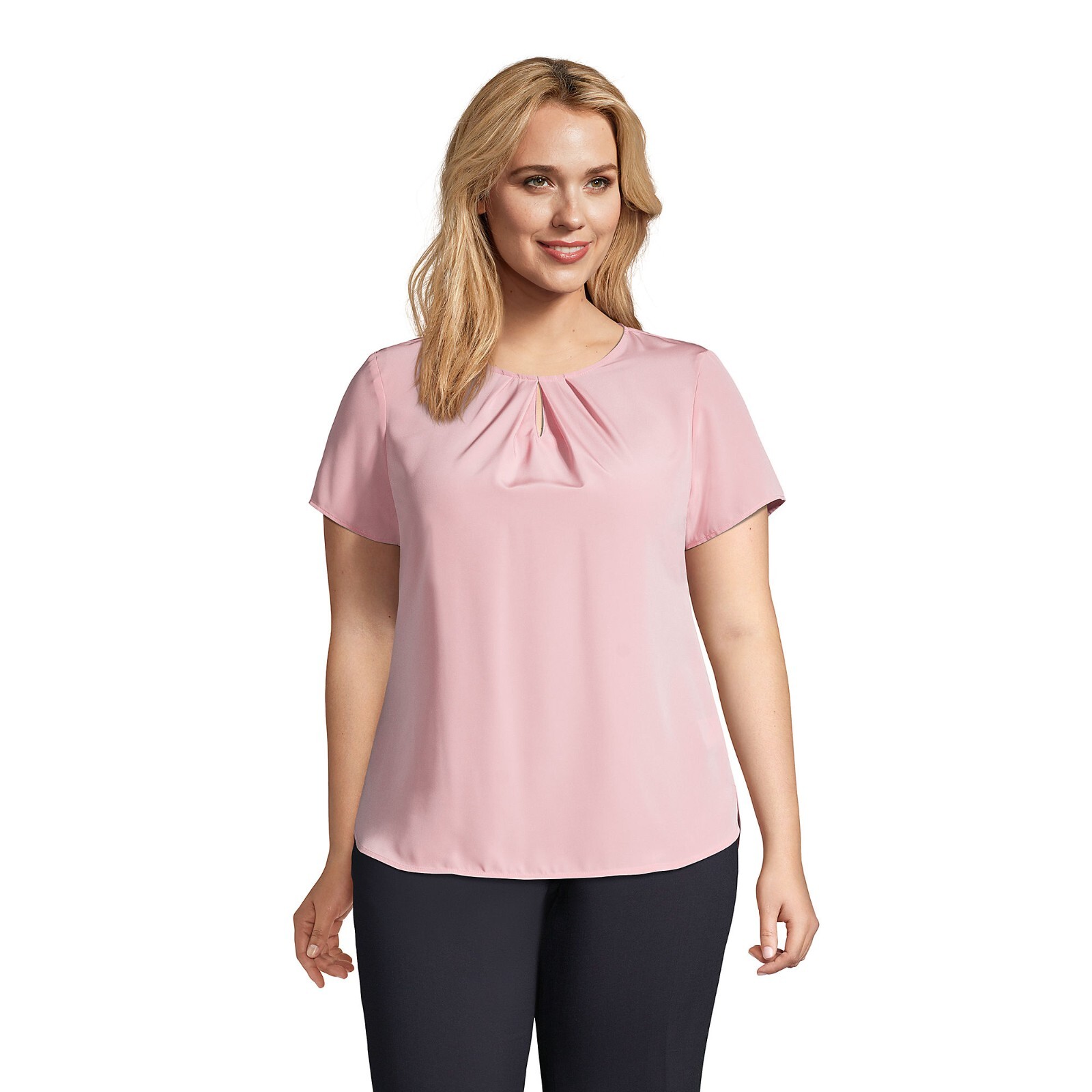 LANDS’ END Plus 34W Pink Short Sleeve Keyhole Blouse with Gold Back Zipper NWT