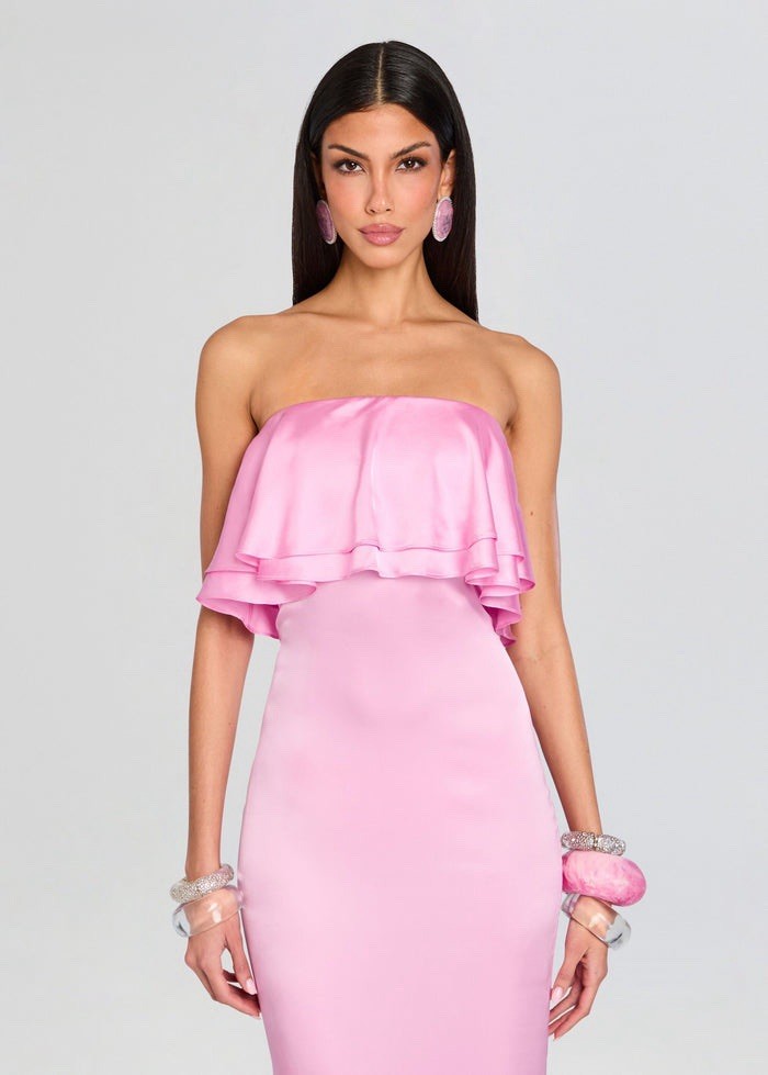 $798 Retrofete Queenie Strapless Pink Ruffle Satin Designer Maxi Dress Small