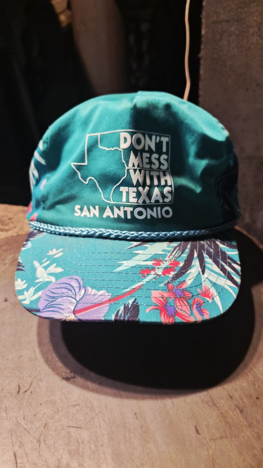 Vintage TEXAS Trucker Hat Rope men Flat Bill Teal Hawaiian Print SnapBack Nissin