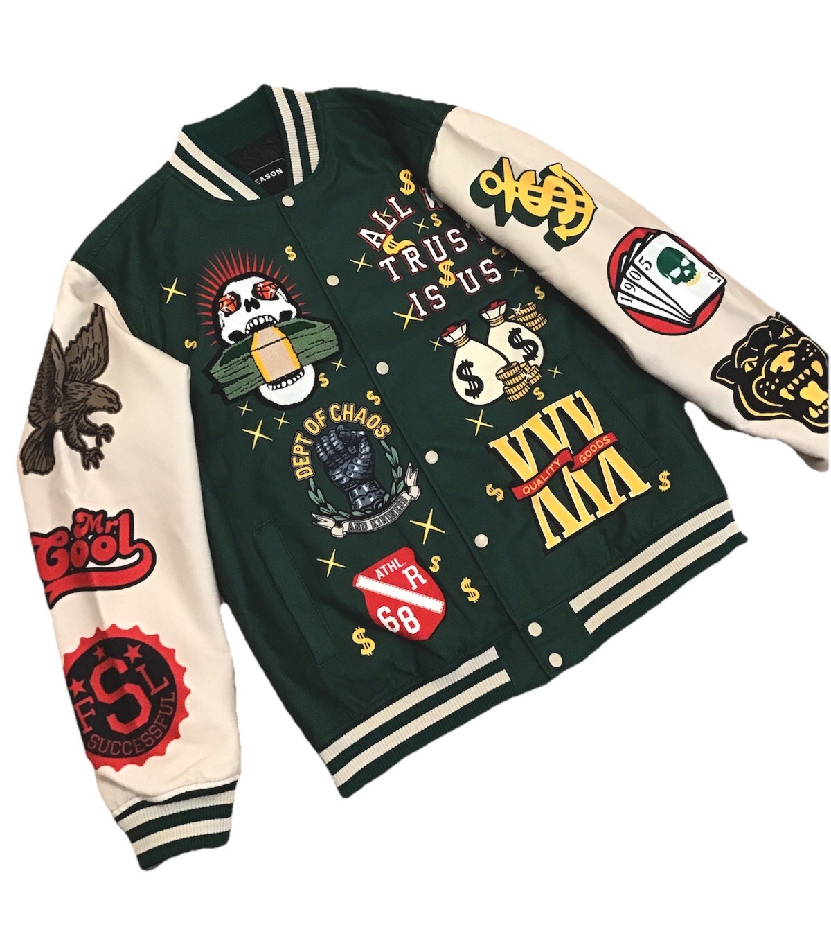 NEW! Reason Varsity Jacket, “All We trust Is US” RER5-003 GREEN Size XL