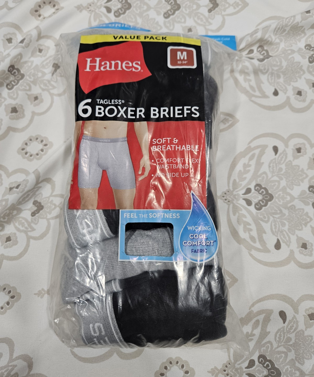 Hanes 6-Pack Tagless Boxer Briefs Men’s M Black/Gray Breathable No Ride Up