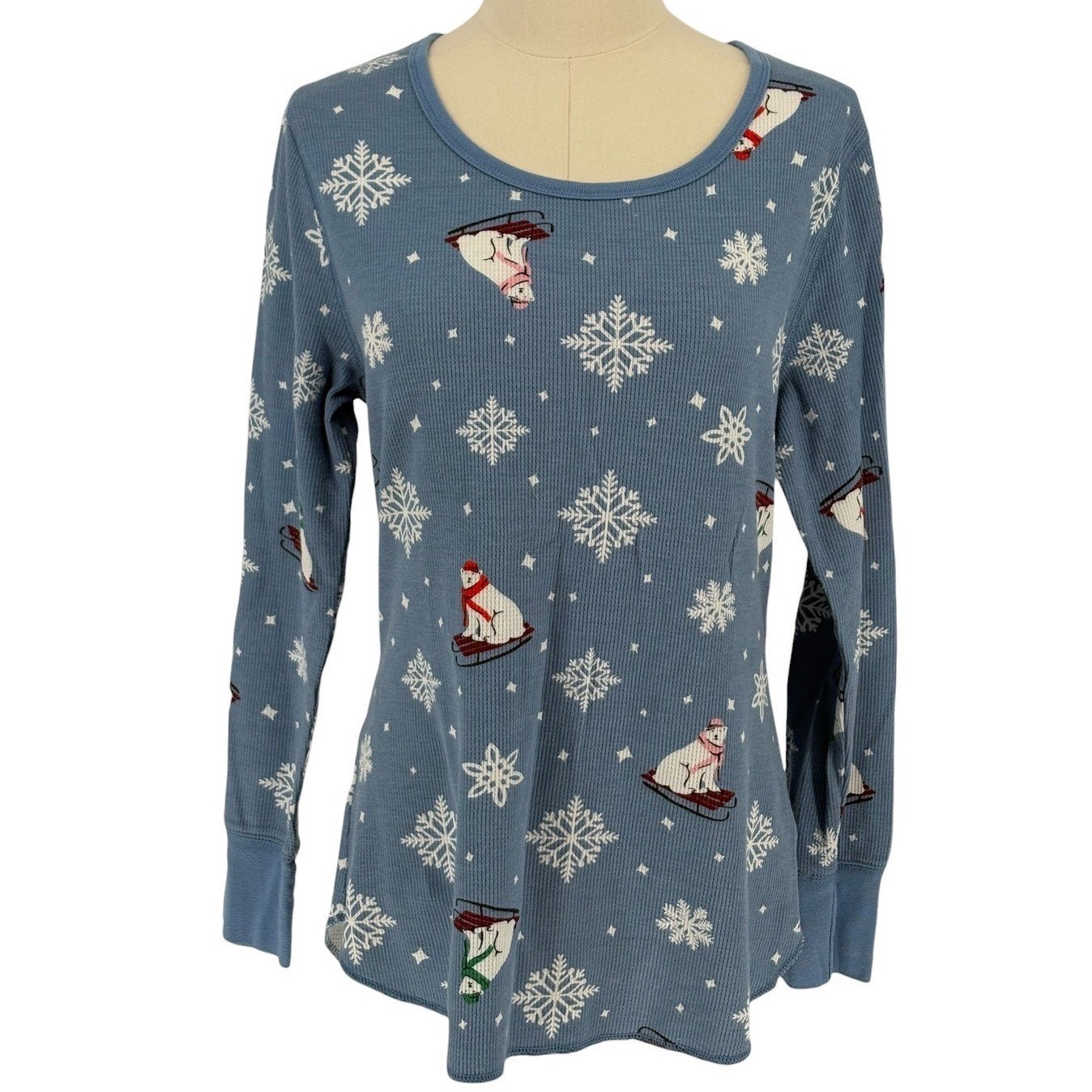 Old Navy Thermal Top Blue Polar Bear Snowflake Waffle Knit Large