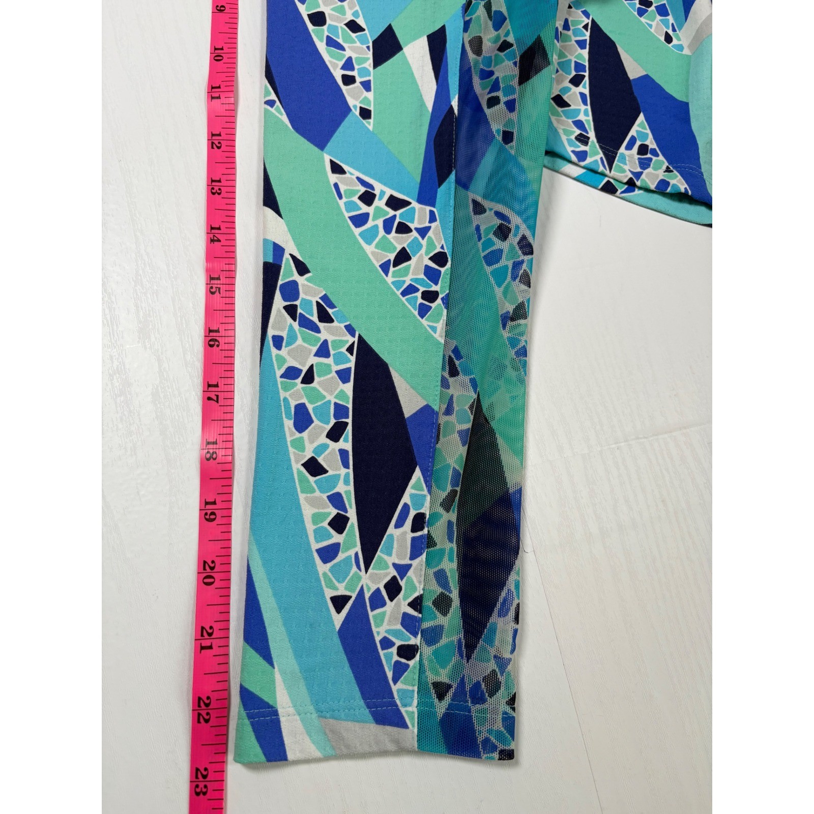 IBKUL Briana Long Sleeve Mock Neck Top Sun Shirt Blue Geometric Mosaic UPF 50 L