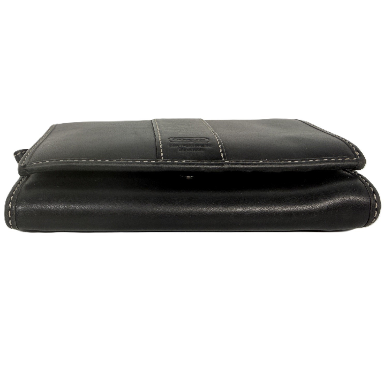 Coach Leatherware Black Leather Wallet Organizer White Stitch Zip Coin Holder