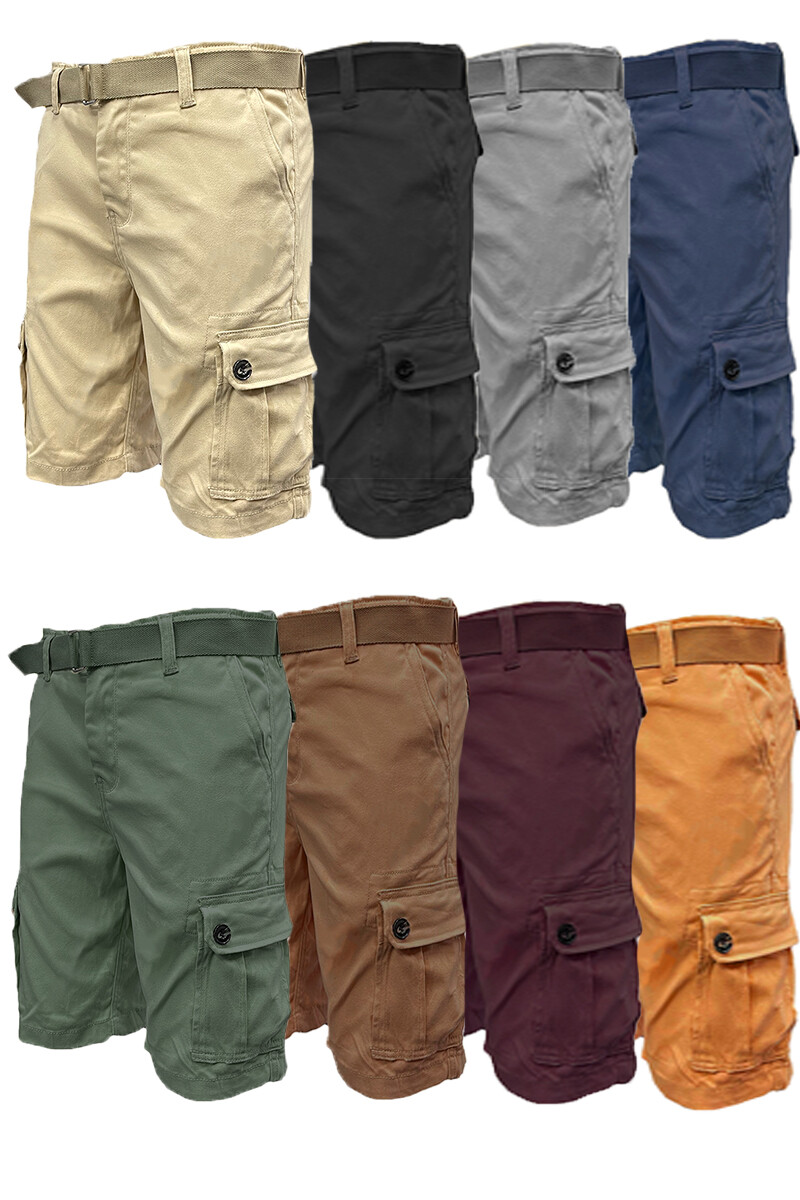 Mens Cargo Shorts Belted Stretch Flat Front Pockets Washed Lounge 28 30 32 34 36