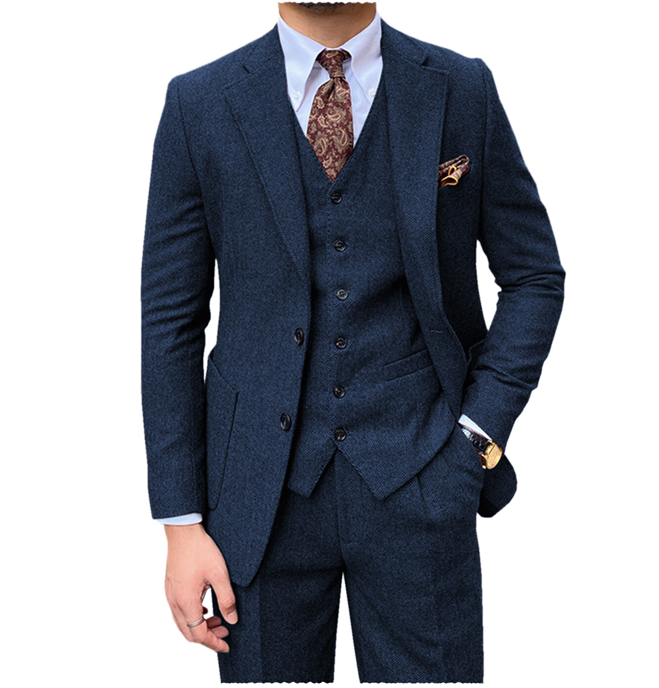 Mens 3Pcs Tweed Suit Wool Herringbone Tuxedo Suits Blazer+Vest+Pants 42r 44r 46r