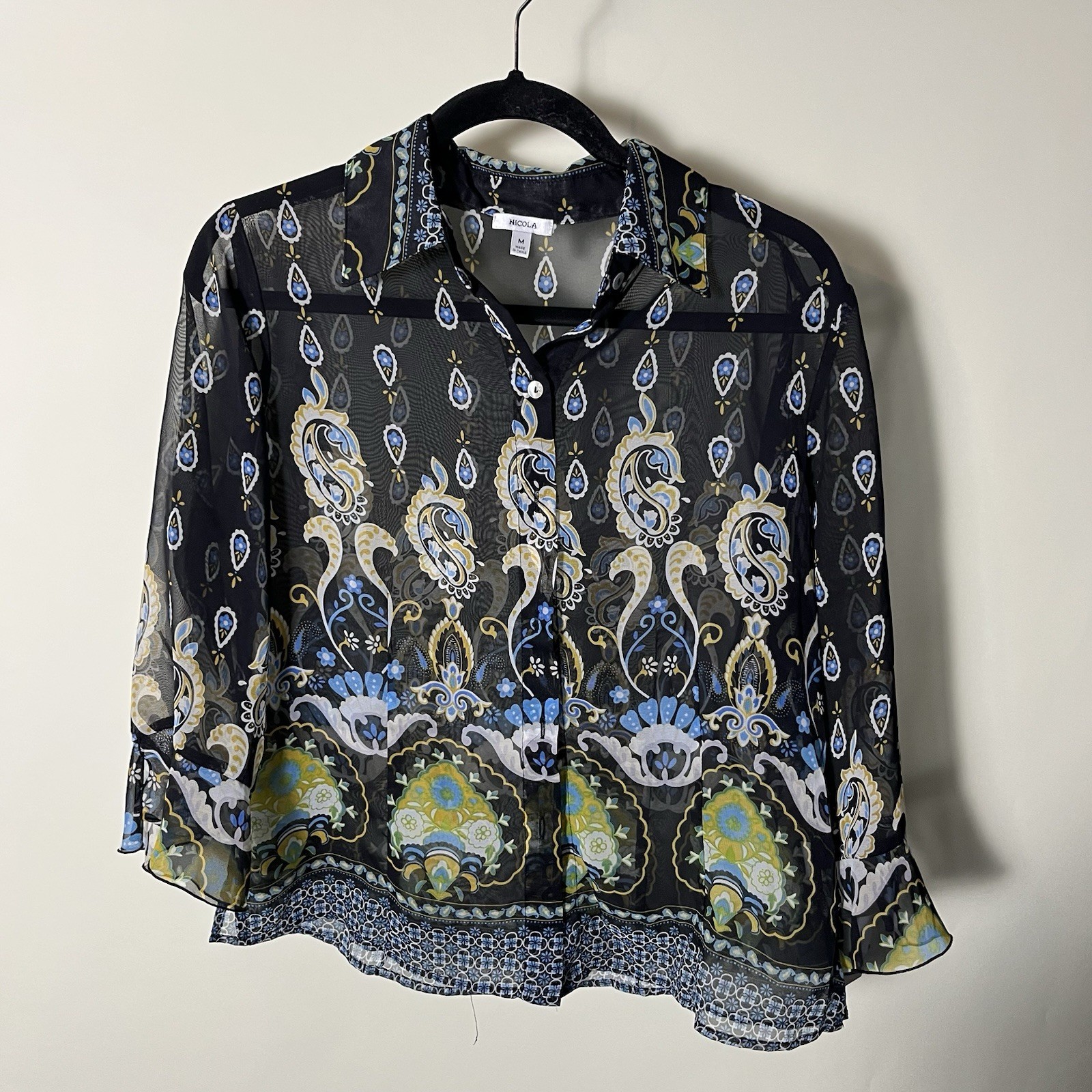 Nicola Sheer Button Up Blouse Shirt Top Blue Paisley Yellow EUC Med