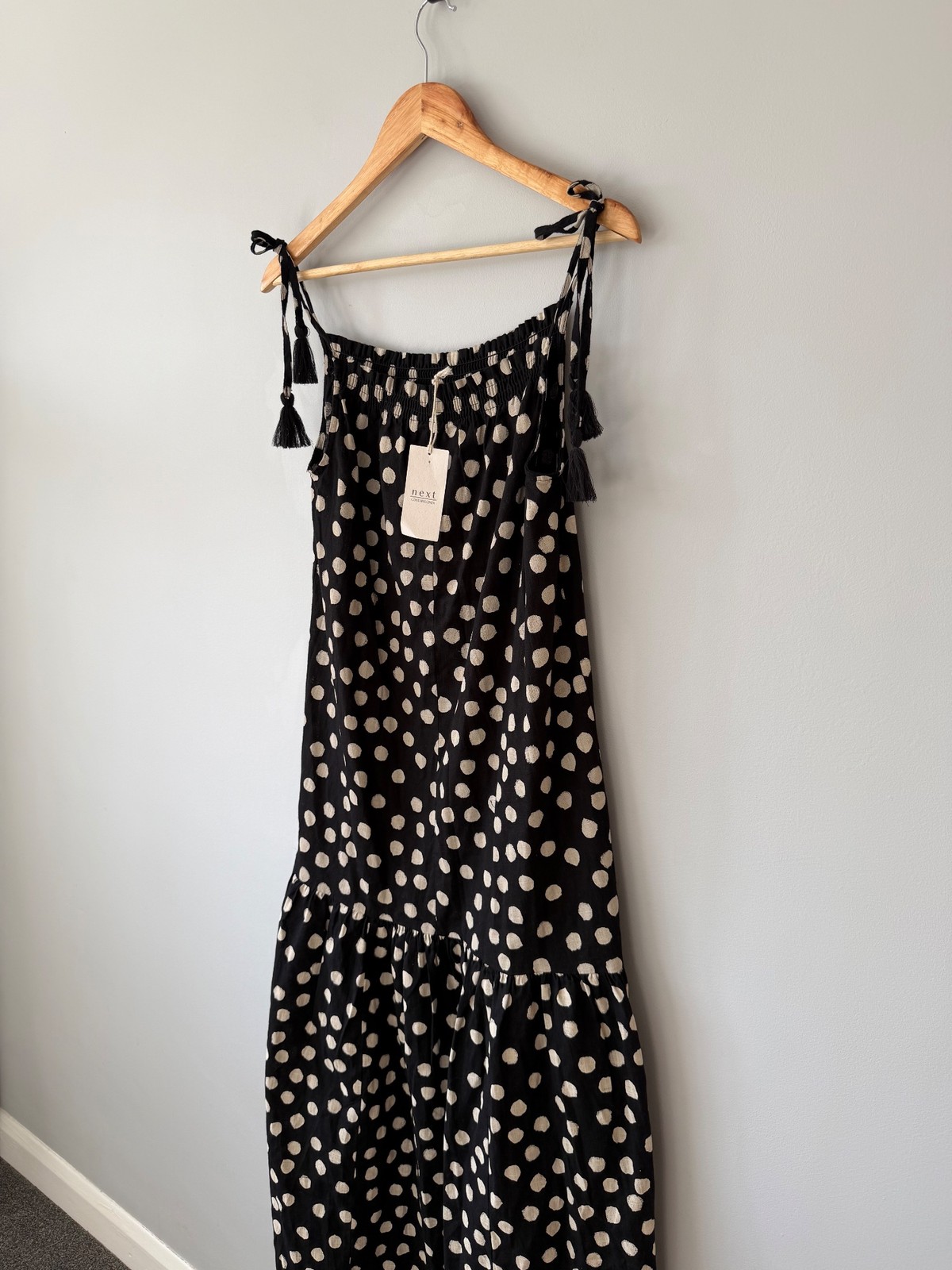 Next Black Beige Polka Dot Linen Cotton Midi Dress UK 10 Tassel Strap BNWT