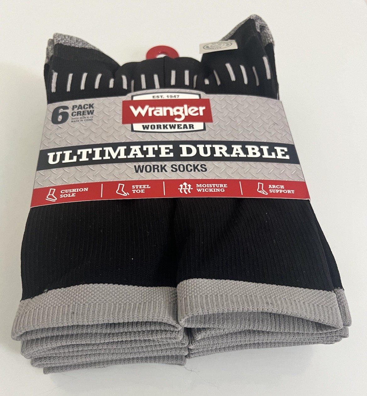 Wrangler 6 Pair Ultimate Durable Work Socks Men’s Sz 6-12 Black W/Reinforce Toe