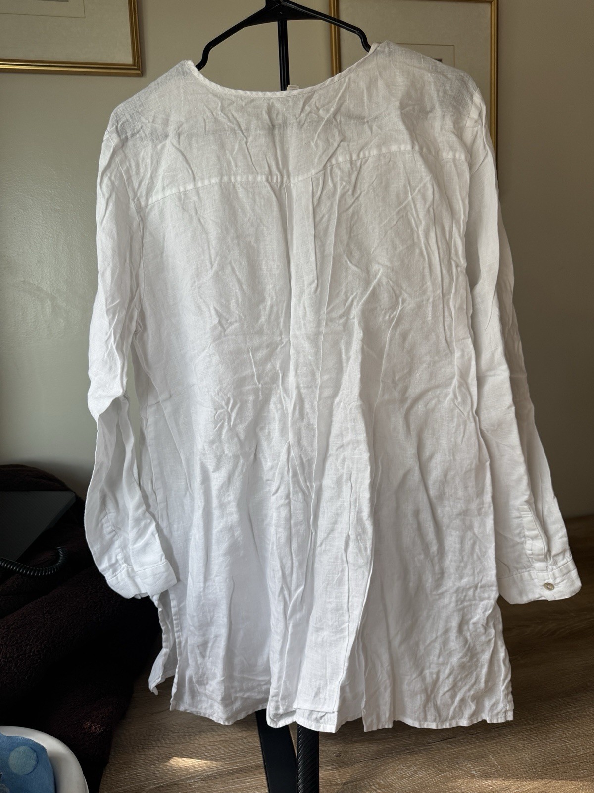 Eileen Fisher White Solid 100% Organic Linen Woven Button Front Blouse L/G