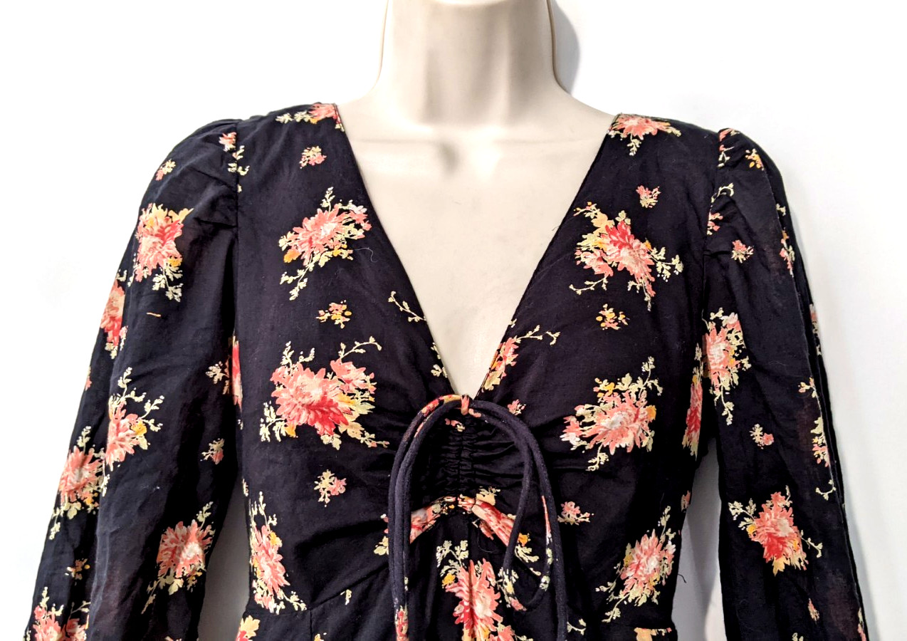 Free People Women’s Sea Glass Floral Maxi Dress Sz 2 Puff Sleeve Boho Tie Front